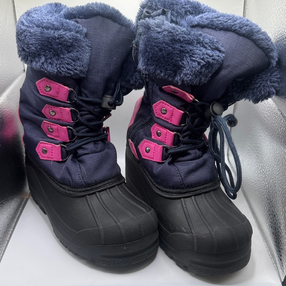Warm and fluffy lined girls navy and pink snow boots size 2